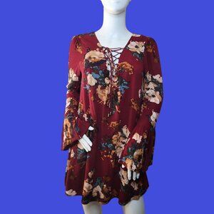 Floral Burgundy Lace-Up Bell Sleeve Mini Dress Boho Style
